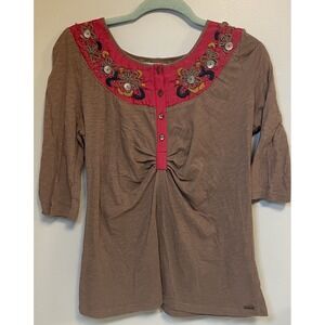 Miss‎ Me Brown Embroidered Mother Of Pearl Button Top Size L Boho Hippie